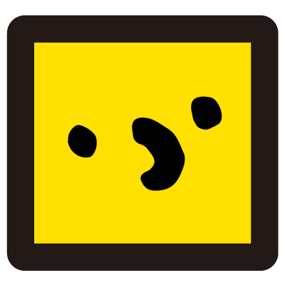 Yellow square face with two black dots as eyes and one simple black stroke as the nose.